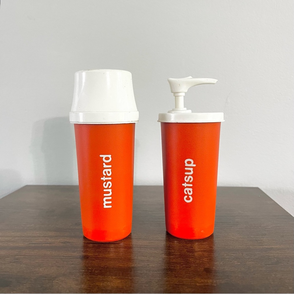Vintage Tupperware Catsup Ketchup and Mustard Holder w Pump and One Cover Orange